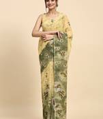 Green printed satin fashion saree with blouse piece
