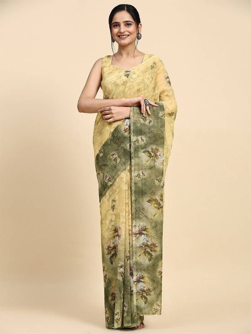 Green printed satin fashion saree with blouse piece