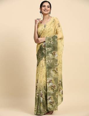 Green printed satin fashion saree with blouse piece 2