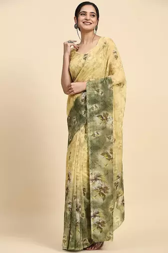 Green printed satin fashion saree with blouse piece