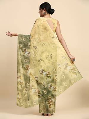 Green printed satin fashion saree with blouse piece 3