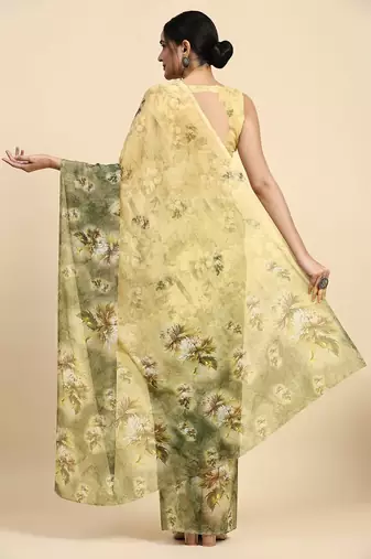 Green printed satin fashion saree with blouse piece