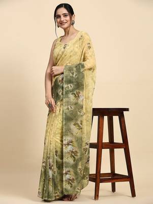 Green printed satin fashion saree with blouse piece 4