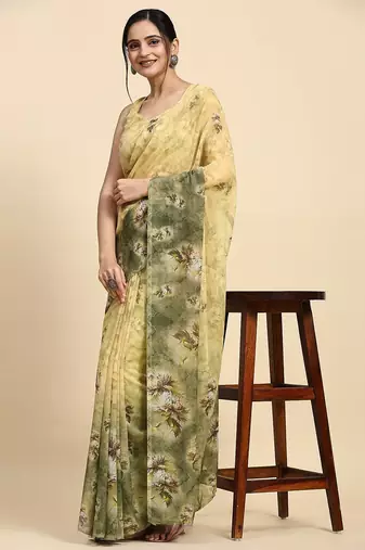 Green printed satin fashion saree with blouse piece