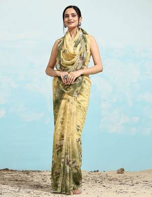 Green printed satin fashion saree with blouse piece 5
