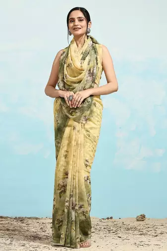 Green printed satin fashion saree with blouse piece