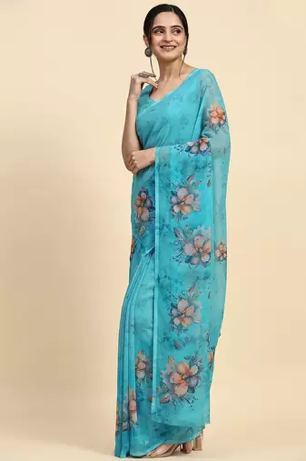 Blue printed satin fashion saree with blouse piece