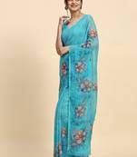 Blue printed satin fashion saree with blouse piece