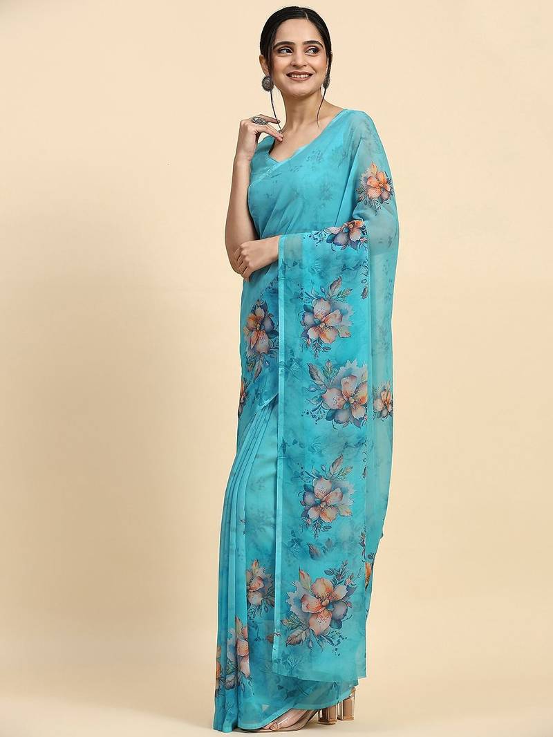 Blue printed satin fashion saree with blouse piece