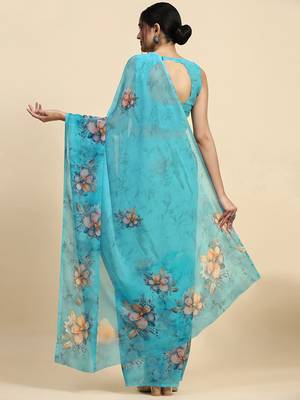 Blue printed satin fashion saree with blouse piece 2