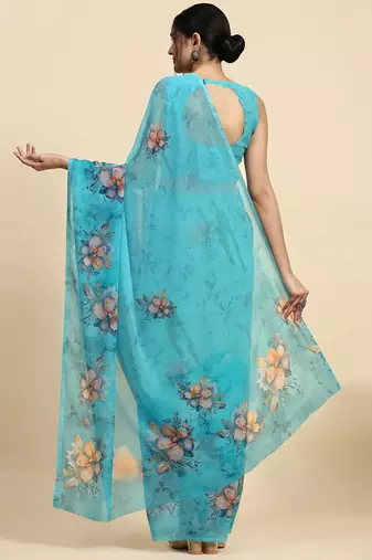 Blue printed satin fashion saree with blouse piece