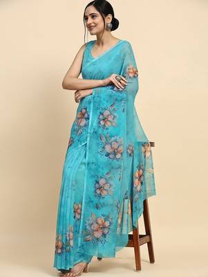 Blue printed satin fashion saree with blouse piece 3