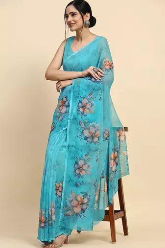 Blue printed satin fashion saree with blouse piece