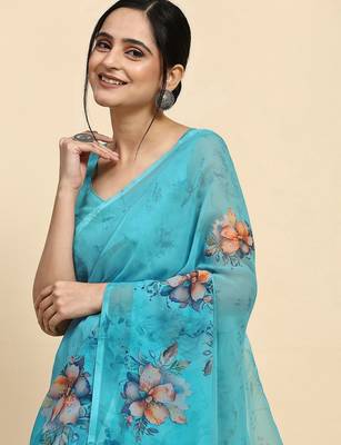 Blue printed satin fashion saree with blouse piece 4