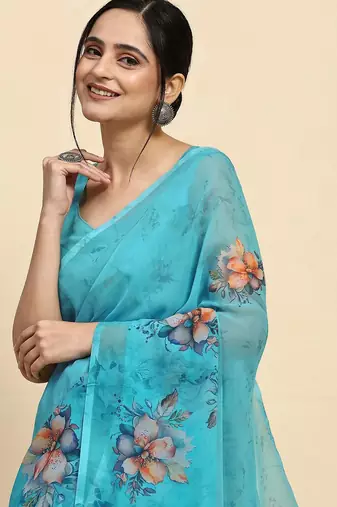 Blue printed satin fashion saree with blouse piece