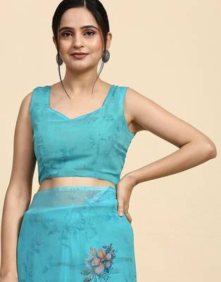 Blue printed satin fashion saree with blouse piece 5
