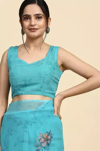 Blue printed satin fashion saree with blouse piece