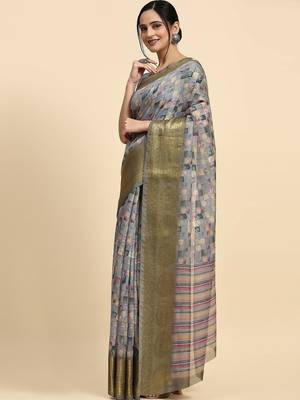 Grey printed satin fashion saree with blouse piece 1