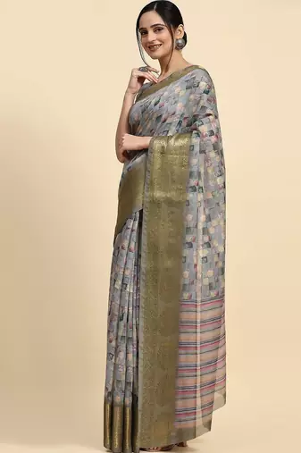 Grey printed satin fashion saree with blouse piece