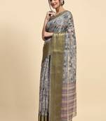 Grey printed satin fashion saree with blouse piece
