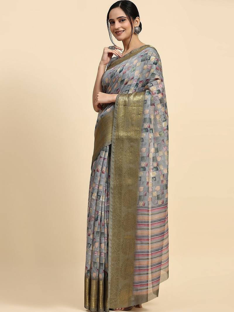 Grey printed satin fashion saree with blouse piece