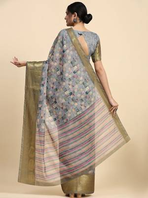 Grey printed satin fashion saree with blouse piece 2