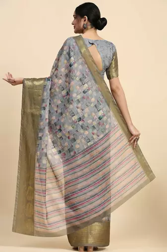 Grey printed satin fashion saree with blouse piece