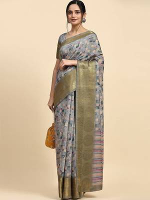 Grey printed satin fashion saree with blouse piece 3