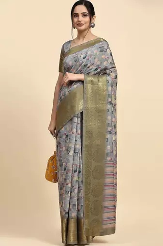 Grey printed satin fashion saree with blouse piece