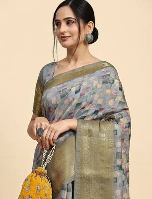 Grey printed satin fashion saree with blouse piece 4