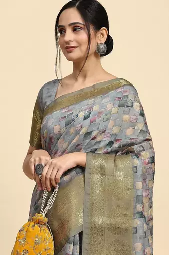 Grey printed satin fashion saree with blouse piece