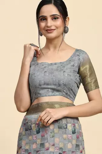 Grey printed satin fashion saree with blouse piece