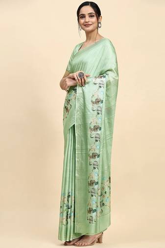 Green printed silk blend ethnic saree with blouse piece