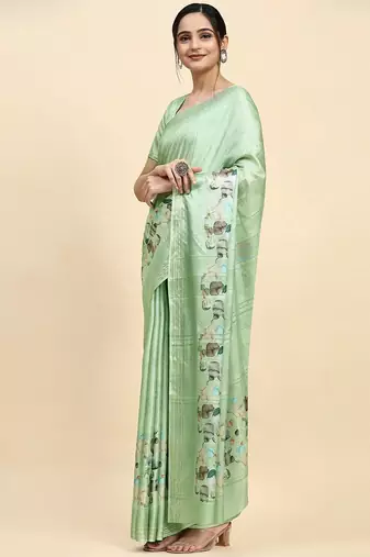 Green printed silk blend ethnic saree with blouse piece