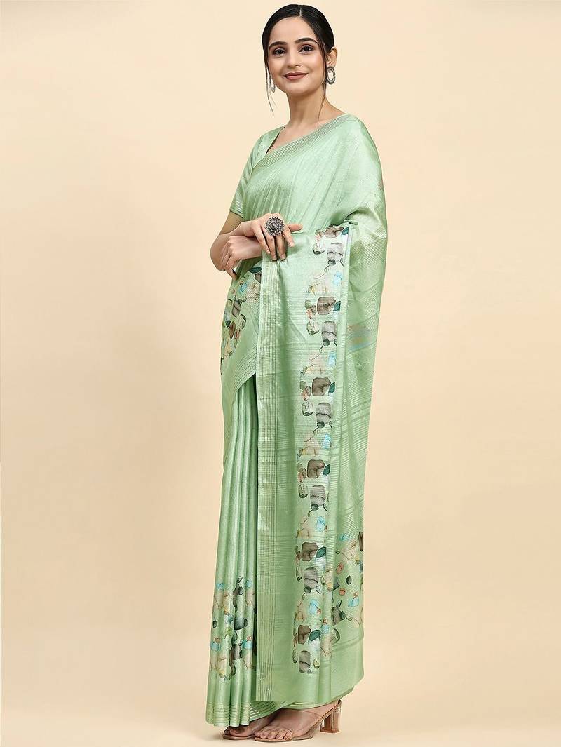 Green printed silk blend ethnic saree with blouse piece