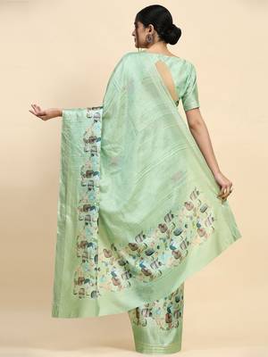 Green printed silk blend ethnic saree with blouse piece 2