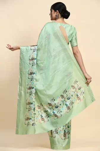 Green printed silk blend ethnic saree with blouse piece