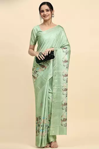 Green printed silk blend ethnic saree with blouse piece