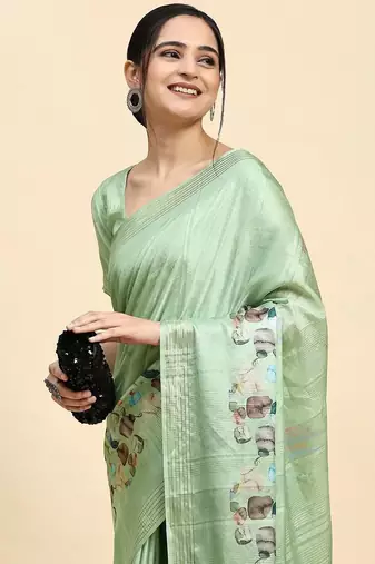 Green printed silk blend ethnic saree with blouse piece