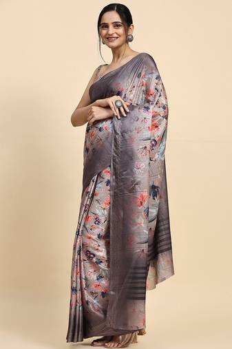 Cream elegant printed polycotton saree with blouse piece