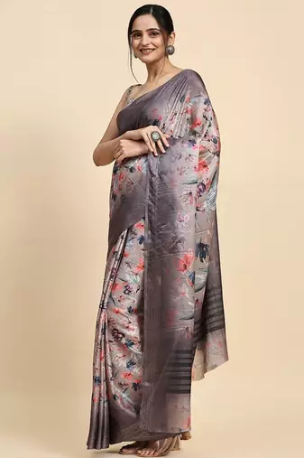 Cream elegant printed polycotton saree with blouse piece