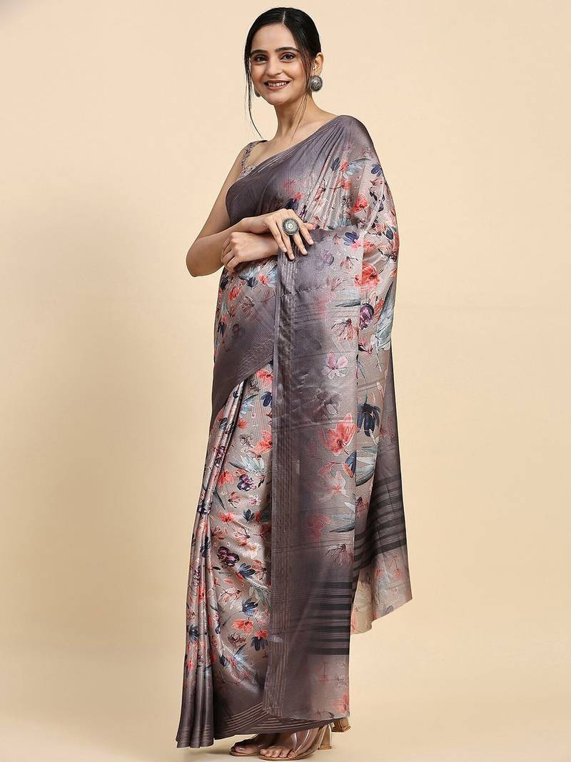 Cream elegant printed polycotton saree with blouse piece