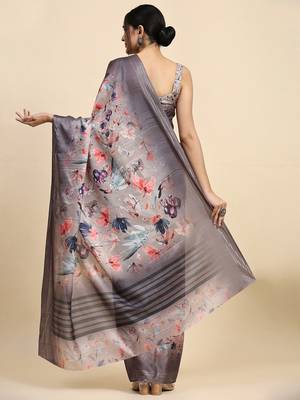Cream elegant printed polycotton saree with blouse piece 2