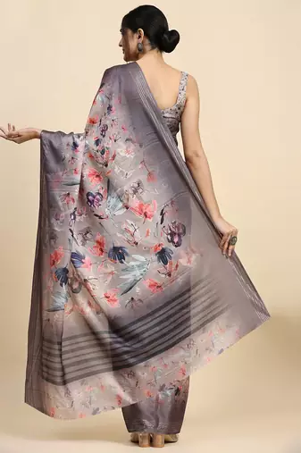 Cream elegant printed polycotton saree with blouse piece
