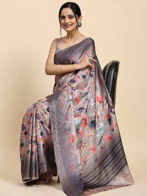 Cream elegant printed polycotton saree with blouse piece 3