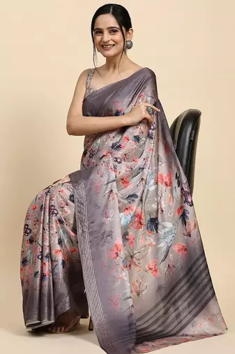 Cream elegant printed polycotton saree with blouse piece