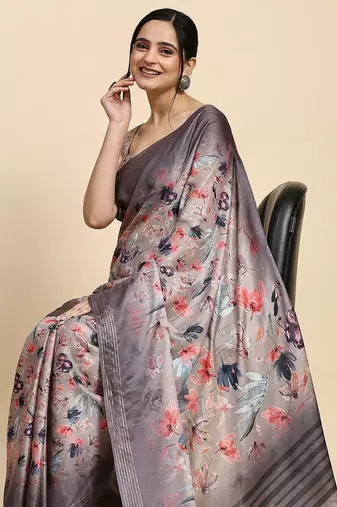 Cream elegant printed polycotton saree with blouse piece