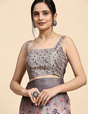 Cream elegant printed polycotton saree with blouse piece 5