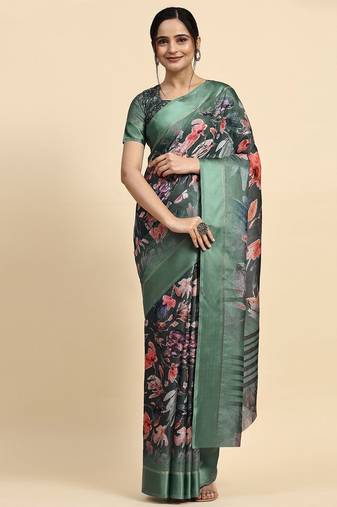 Green printed silk blend ethnic saree with blouse piece