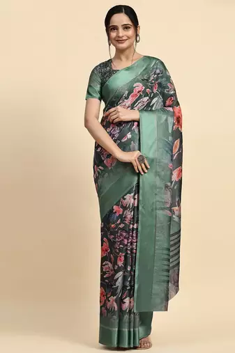 Green printed silk blend ethnic saree with blouse piece